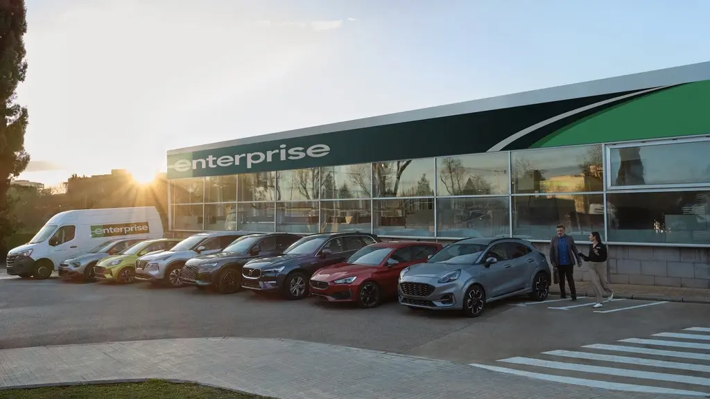 An Enterprise branch with rental vehicles lined up outside
